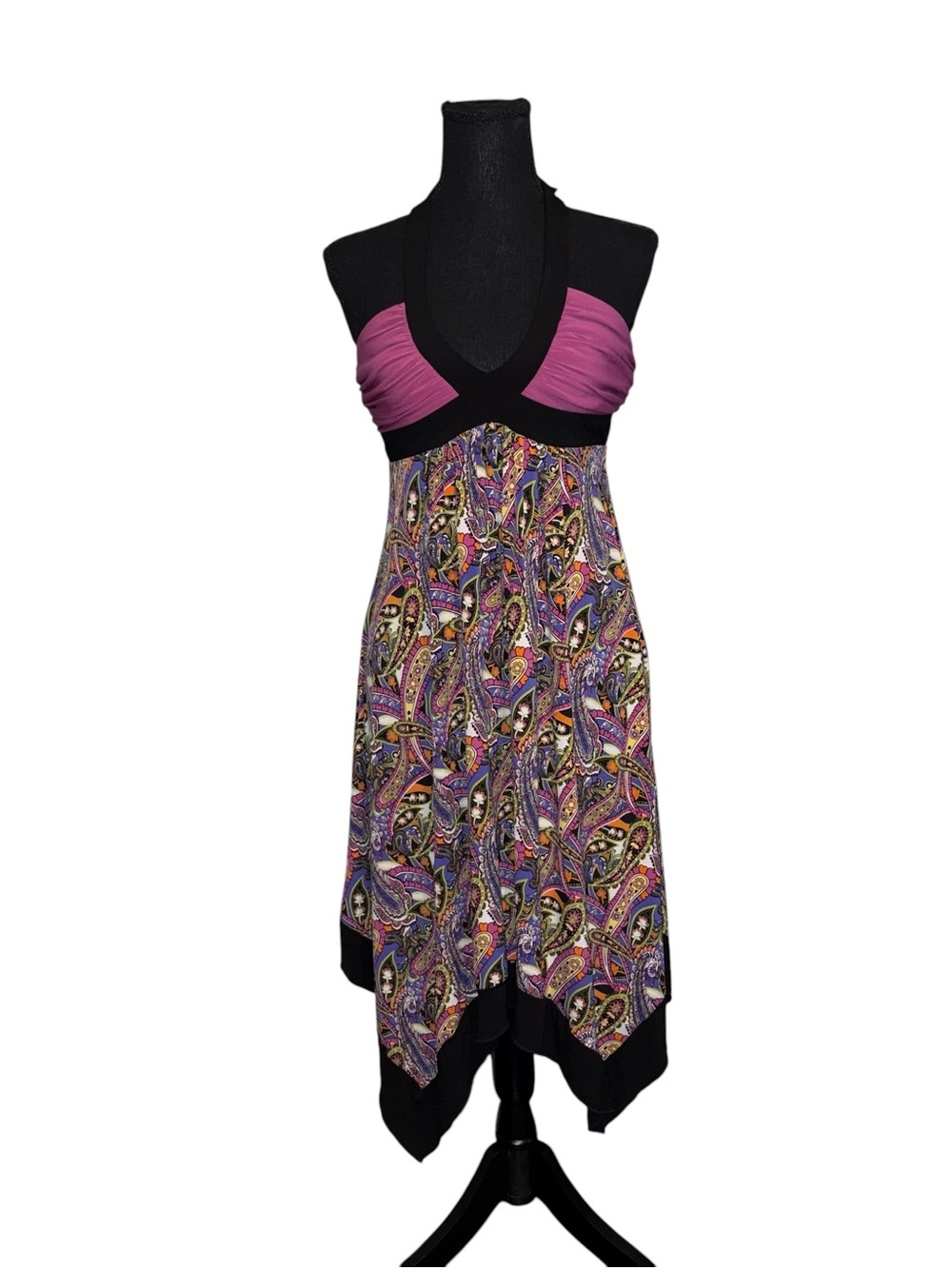 Purple & Multi Paisley Halter Dress Asymmetrical Hem Tie Neck XOXO NWT Small